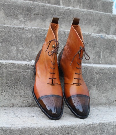 Crafted Leather Handmade Dress Shoes Tan Dark Brown Leather Ankle High Lace up Boot