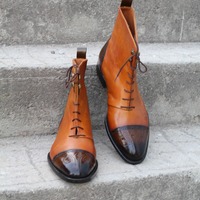 Crafted Leather Handmade Dress Shoes Tan Dark Brown Leather Ankle High Lace up Boot - Thumbnail 1