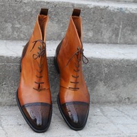 Crafted Leather Handmade Dress Shoes Tan Dark Brown Leather Ankle High Lace up Boot - Thumbnail 2