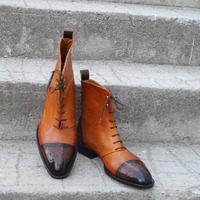 Crafted Leather Handmade Dress Shoes Tan Dark Brown Leather Ankle High Lace up Boot - Thumbnail 3