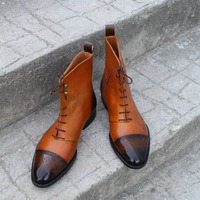 Crafted Leather Handmade Dress Shoes Tan Dark Brown Leather Ankle High Lace up Boot - Thumbnail 5