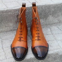 Crafted Leather Handmade Dress Shoes Tan Dark Brown Leather Ankle High Lace up Boot - Thumbnail 6