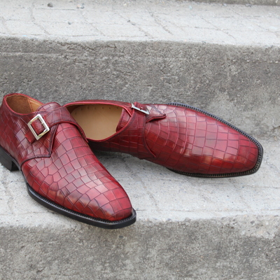 Crafted leather classic red crocodile/alligator monk strap dress shoes - Thumbnail 4