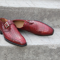 Crafted Leather Classic Red Crocodile/Alligator Monk Strap Dress Shoes - Thumbnail 2