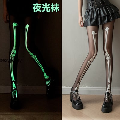 Sexy black luminous skull skeleton luminous white bone stockings disco dancing halloween pantyhose - Thumbnail 1