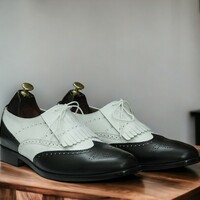 Handmade Men's Black and White Leather Shoes ,Lace Up Fringe Brogue Toe Shoes - Thumbnail 1
