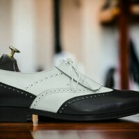 Handmade Men's Black and White Leather Shoes ,Lace Up Fringe Brogue Toe Shoes - Thumbnail 2
