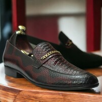 Handmade Men's Two Tone Burgundy Leather Shoes ,Penny Loafer Dress Shoes - Thumbnail 2