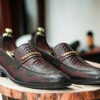 Handmade Men's Two Tone Burgundy Leather Shoes ,Penny Loafer Dress Shoes - Thumbnail 3