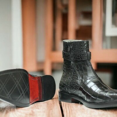Handmade men's black leather boot ,ankle high buckle luxury boot
