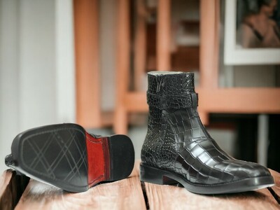 Handmade Men's Black Leather Boot ,Ankle High Buckle Luxury Boot