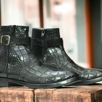 Handmade Men's Black Leather Boot ,Ankle High Buckle Luxury Boot - Thumbnail 1