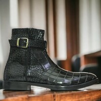 Handmade Men's Black Leather Boot ,Ankle High Buckle Luxury Boot - Thumbnail 2