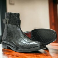 Handmade Men's Black Leather Boot ,Ankle High Buckle Luxury Boot - Thumbnail 3