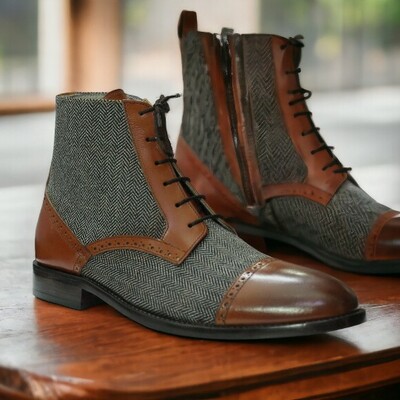 Handmade men's brown tweed leather boot ,lace up party boot - Thumbnail 1