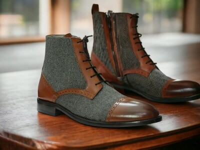 Handmade Men's Brown Tweed Leather Boot ,lace Up Party Boot