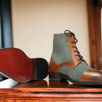 Handmade Men's Brown Tweed Leather Boot ,lace Up Party Boot - Thumbnail 1