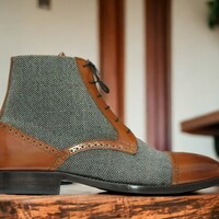 Handmade Men's Brown Tweed Leather Boot ,lace Up Party Boot - Thumbnail 2