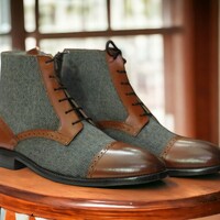 Handmade Men's Brown Tweed Leather Boot ,lace Up Party Boot - Thumbnail 3
