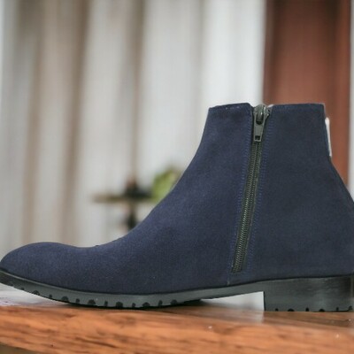 Handmade men's blue suede boot ,side zipper chunky sole boot