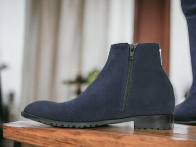 Handmade Men's Blue Suede Boot ,Side Zipper Chunky Sole Boot