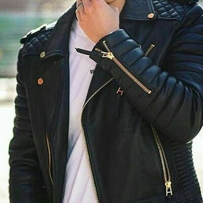 Men's genuine lambskin quilted leather motorcycle slim fit black biker jacket