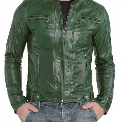 Men leatherjacket 100% genuine biker motorcycle green leather jacket