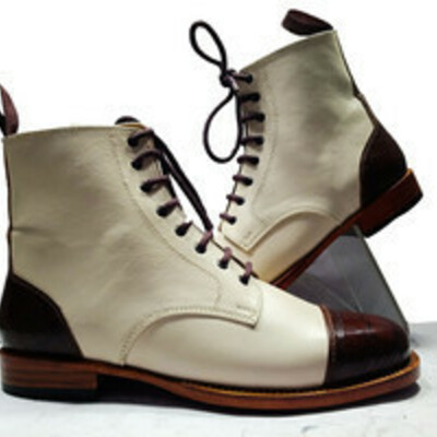 New handmade men's ankle high boot,men's white burgundy tone leather cap toe bo