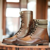 Handmade Men's Brown Leather Boot ,Lace Up High linear Boot - Thumbnail 2