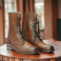 Handmade Men's Brown Leather Boot ,Lace Up High linear Boot - Thumbnail 3