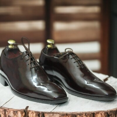 Handmade men's brown handmade oxford shoes, dress patent lather shoes - Thumbnail 3