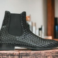 Handmade Men's Black Woven Leather Boot ,Ankle High Luxury Boot - Thumbnail 2