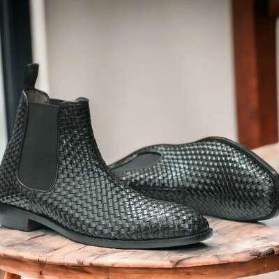 Handmade men's black woven leather boot ,ankle high luxury boot