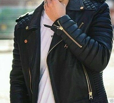 Men's Genuine Lambskin Quilted Leather Motorcycle Slim fit Black Biker Jacket