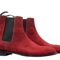 Handmade Men's Burgundy Suede Boot ,Chelsea Ankle High Boot - Thumbnail 2