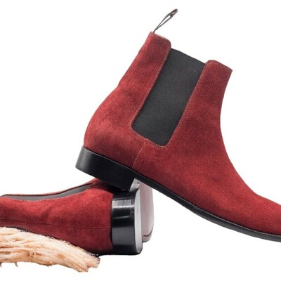 Handmade men's burgundy suede boot ,chelsea ankle high boot