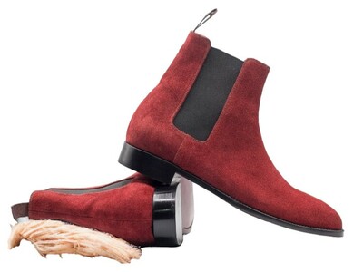 Handmade Men's Burgundy Suede Boot ,Chelsea Ankle High Boot