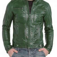Men LeatherJacket 100% Genuine Biker Motorcycle Green Leather Jacket - Thumbnail 4