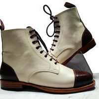 New Handmade Men's Ankle High Boot,Men's White Burgundy Tone Leather Cap Toe Bo - Thumbnail 1
