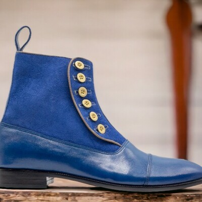 Handmade men's blue boot ,ankle high button top cap toe suede boot