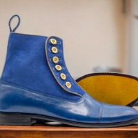 Handmade Men's Blue Boot ,Ankle High Button Top Cap Toe Suede Boot - Thumbnail 2