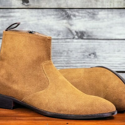 Handmade men's tan boot ,ankle high side zipper whole cut suede boot