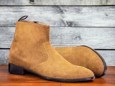 Handmade Men's Tan Boot ,Ankle High Side Zipper Whole Cut Suede Boot