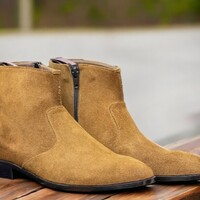 Handmade Men's Tan Boot ,Ankle High Side Zipper Whole Cut Suede Boot - Thumbnail 1