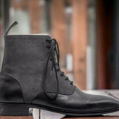 Handmade men's black suede and leather boot ,ankle high lace up boot