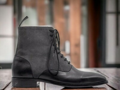 Handmade Men's Black Suede and Leather Boot ,Ankle High lace Up Boot