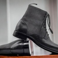 Handmade Men's Black Suede and Leather Boot ,Ankle High lace Up Boot - Thumbnail 1