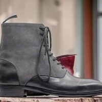 Handmade Men's Black Suede and Leather Boot ,Ankle High lace Up Boot - Thumbnail 2