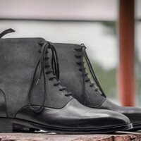 Handmade Men's Black Suede and Leather Boot ,Ankle High lace Up Boot - Thumbnail 3
