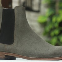 Handmade Men's Gray Suede Boot ,Chelsea Ankle High Boot - Thumbnail 3